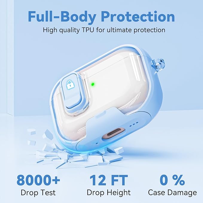 for Airpods Pro 3 Case 2025, Anti-Yellowing Clear Case for Airpods Pro 3 with Secure Lock & Phone Stand, Soft TPU Drop Protection Cover with Cleaning Kit (Blue)