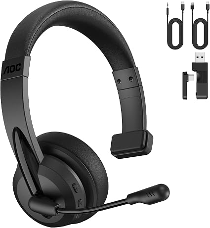 AOC Wireless Headset with Microphone for Work, Single-Ear Headphone for PC