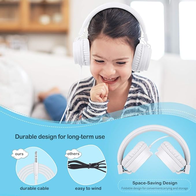 gorsun Kids Headphones, Lightweight Stereo Wired Toddler Headphones，Adjustable Headband Children's Headset for Smartphones Computer Pad Earphones(White)