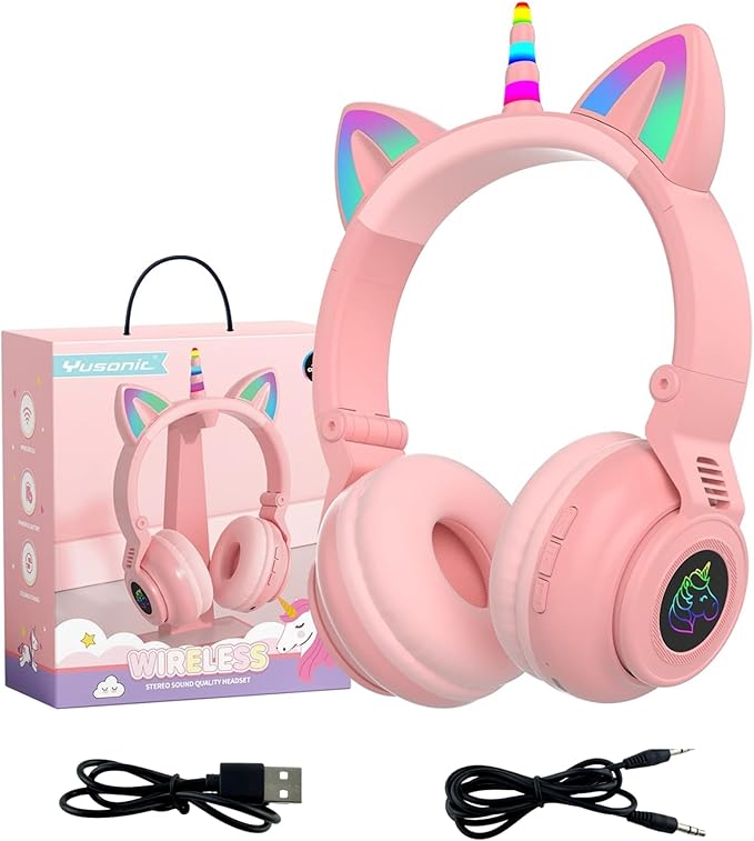 Unicorn Kids Headphones for Girls, Unicorn Bluetooth Headphones Foldable for Girls Toddlers Tablet/pad/Amazon fire,Light Up Kids Wireless Headphone Birthday Gifts (Pink 2)