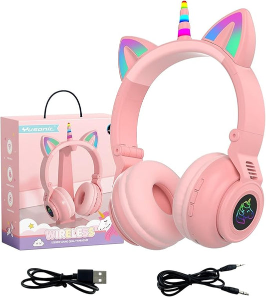 Unicorn Kids Headphones for Girls, Unicorn Bluetooth Headphones Foldable for Girls Toddlers Tablet/pad/Amazon fire,Light Up Kids Wireless Headphone Birthday Gifts (Pink 2)