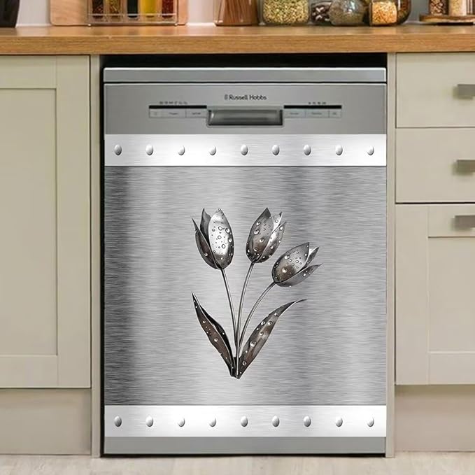 Artificial Metal Effect Dishwasher Cover Magnet Kitchen Decor, Stainless Steel Flower Effect Dishwasher Magnet Cover Front Door Panel Decal, Refrigerator Magnetic Decals 23'' W x 26'' H
