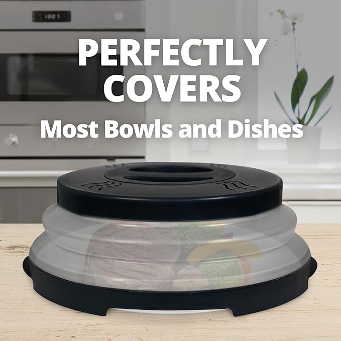 HOVER COVER High Power Magnetic Microwave Splatter Cover with Strongest Magnetic Grip, Collapsible 12-Inch BPA-Free Food Lid, Vented Plate Guard, Dishwasher Safe Space-Saving Storage - Black