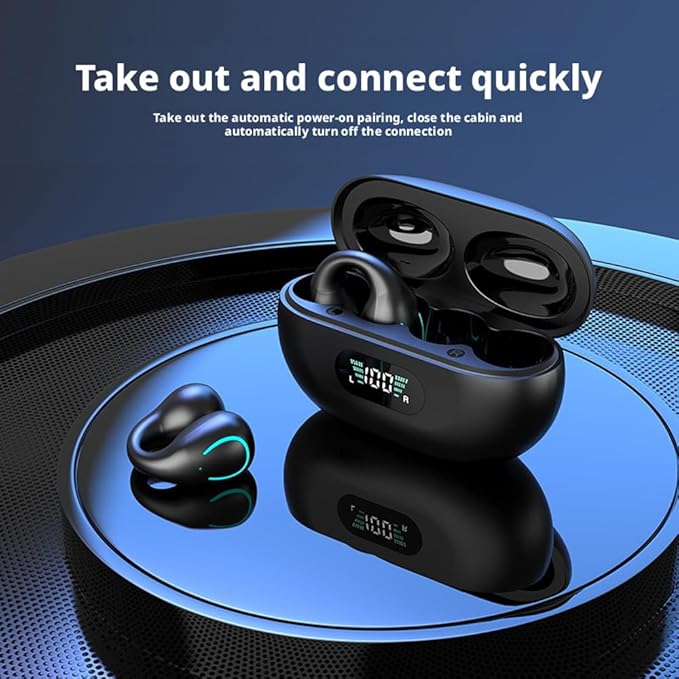 Open-Ear Wireless Headphones Bluetooth Clip On Mini Earbuds Charging Case Ear Buds Sports Bone Conduction Earphones for Workout Driving Walking (Black)