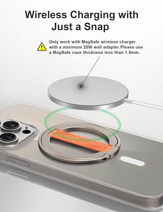 EWA MagOne 2nd Gen [Compatible with MagSafe] Phone Grip Stand with Replaceable Silicone Finger Strap, Magnetic Ring Holder Kickstand Loop, for iPhone 16,15,14,13Pro/ Max/Plus-(Gold-Orange)