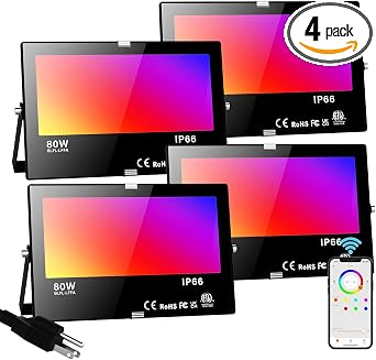 LED Flood Light Outdoor 800W Equivalent Bluetooth Smart Color Change Landscape Lighting DIY-Scene+RGB Colors+Warm White 2700K - APP & Group Control & Timing,IP66 Waterproof US 3-Plug Up Light 4Pack