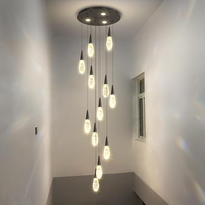 H118 Chandeliers for High Ceiling Black Modern Crystal Pendant Light 12-Lights Crystal Raindrop Chandelier for Living Room Staircase Villa