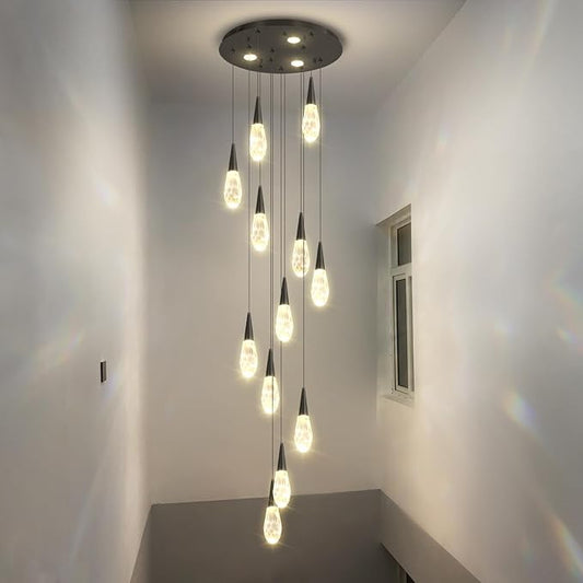 H118 Chandeliers for High Ceiling Black Modern Crystal Pendant Light 12-Lights Crystal Raindrop Chandelier for Living Room Staircase Villa