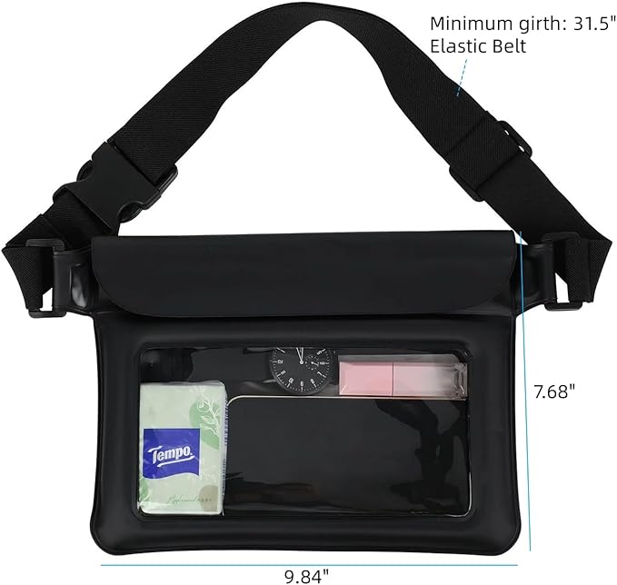 Waterproof Bag Set IPX8 2 Pcs: Black 9.8" Clear Fanny Pack & 7" Waterproof Phone Pouch, Floating Phone Case, Water Proof Dry Bag with Adjustable Strap for Beach Swim Kayak Boat Cruise Essentials