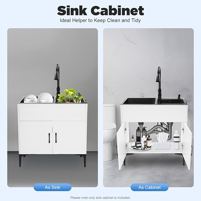 30-Inch Laundry Sink Cabinet with Stainless Steel Sink and Pull-Out Sprayer Faucet, Freestanding Deep Utility Sink with Cabinet Utility Tub for Bathroom Laundry Room Kitchen (White)