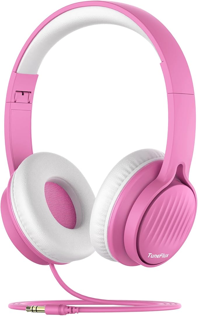 TuneFlux Upgraded Kids Headphones, Wired Toddler Headsets, 85dB Limited Volume On Ear Headphones, Portable Foldable Design, Stereo Sound Kids Headsets for School/Tablet/Travel-Pink