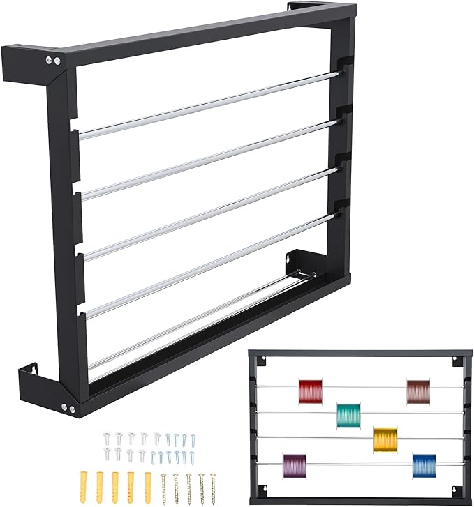 Wire Spool Rack, Heavy Duty Cold-Rolled Steel Cable Dispenser with 4 Adjustable Rods, Wall Mount or Desk Wire Spool Rack Holder for Industrial, Electrical, and Retail Storage and Display