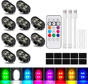 10Pcs Wireless Led Lights for Car with Remote Control, 8 Colors 10 Kind of Lighting Effects USB Rechargeable Anti-Collision Warning Light, High Brightness LED Strobe Lights for Car Drone Aircraft