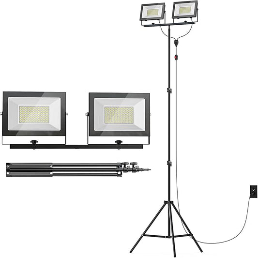 LIVOWALNY 22000 Lumens LED Work Lights with Stand, 2 Adjustable Head 220W Tower Light with 13FT Cord, Portable IP65 Waterproof Tripod Flood Light for Workshop Garage Construction Mechanics Lighting