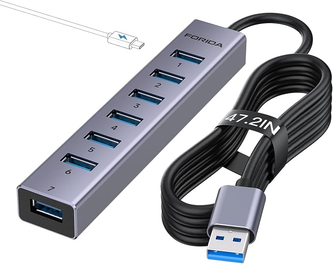 FORIDA Aluminum 8-Port USB Hub Long Cable USB Splitter with 7 USB 3.0 Ports