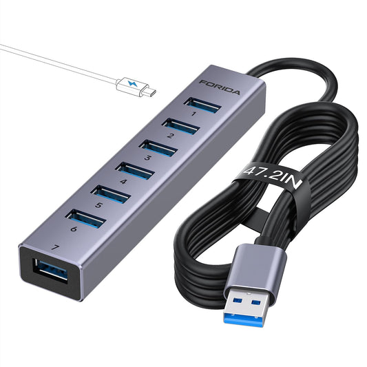 FORIDA Aluminum 8-Port USB Hub Long Cable USB Splitter with 7 USB 3.0 Ports