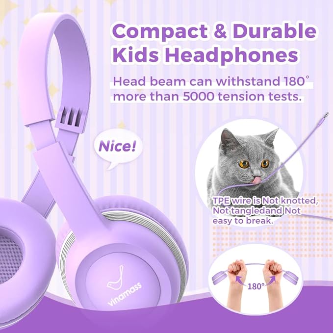 Kids Headphones, Wired Headphones for Kid with Safe Volume Limiter, Kid Headphone with Cord 3.5mm Jack, On-Ear Girls Boys Toddler Headphone for School