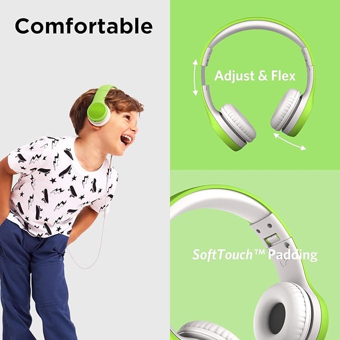 LilGadgets Connect+ Style On-Ear Kids Headphones with Microphone - SharePort Technology, SoftTouch Padding, Detachable Cable, Volume Limiting, Durable & Adjustable - Green