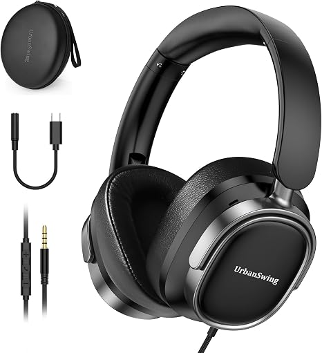 Wired Headphones with Mic, 3.5mm Cord, USB-C Adapter, Hard Case, for School