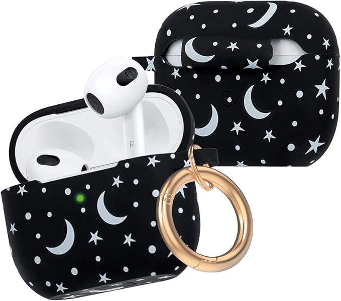 Moon Star Silicone Compatible with AirPods 3 Case 2021, Gawnock Soft Case for Compatible with AirPods 3rd Generation Print Cover for Women Girls with Keychain (Moon/Star)