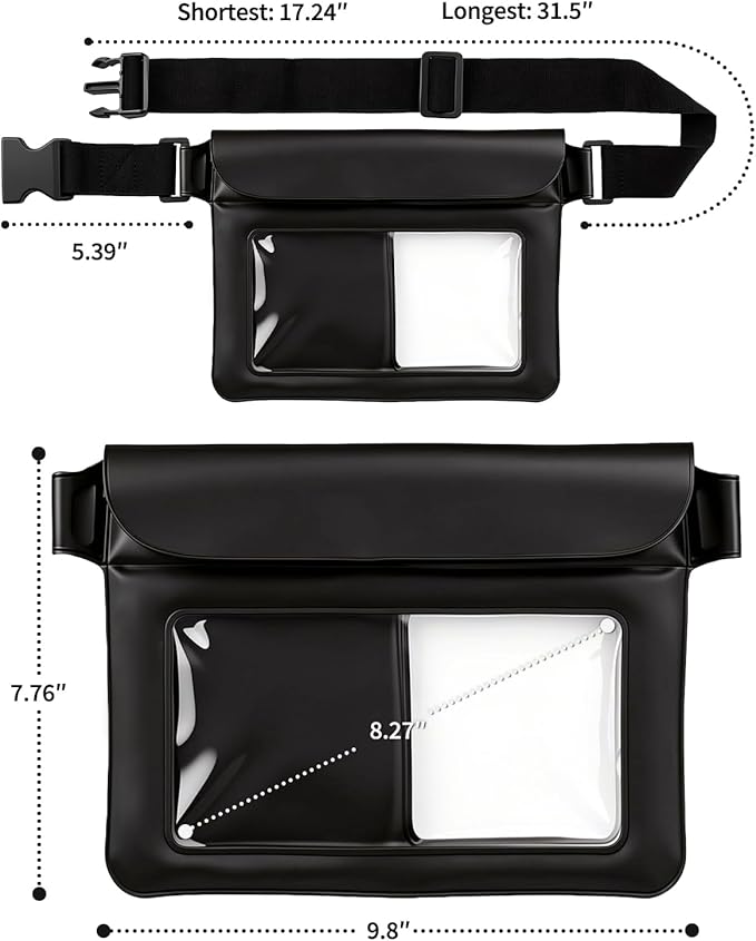 Waterproof Bag Set IPX8 2 Pcs: Black 9.8" Clear Fanny Pack & 7" Waterproof Phone Pouch, Floating Phone Case, Water Proof Dry Bag with Adjustable Strap for Beach Swim Kayak Boat Cruise Essentials