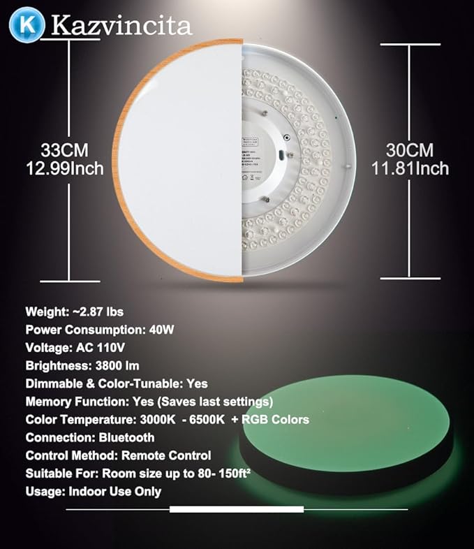 BT-Version LED Ceiling Light with Speaker 40W 13Inch Music Ceiling Lamp with Remote Control Adjustable Brightness & Color Temperature RGB Ambient Lighting for Kids Room Bedroom and More