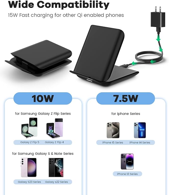 Samsung Galaxy Z Flip 7 Wireless Charger 15W Foldable Stand - Official Qi Fast Charging Station Travel Dock for z Flip 7/6/5/4/3 & Motorola Razr+ | PD 20W Adapter Included | Black