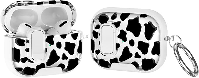 Case Compatible with AirPods Pro/Pro2,Cute Cow Print Cover for AirPods Pro 2nd/1st Gen with Built-in Phone Stand, One-Click Secure Lock & Carabinerl,Wireless Charging Keychain,Gift for Girls Women