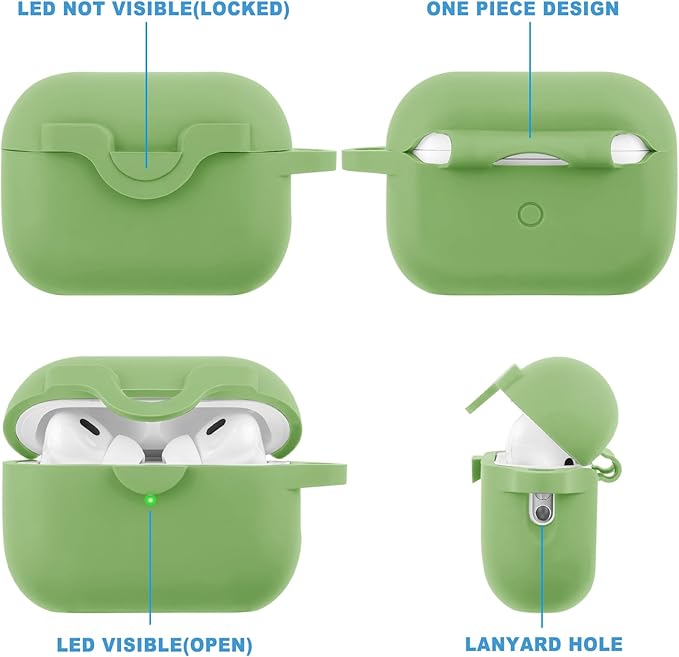 Silicone Protective Case Cover for Airpods Pro 2 with Green Five-Leaf Keychain, Wired & Wireless Charging, Secure Lock for Women & Girls
