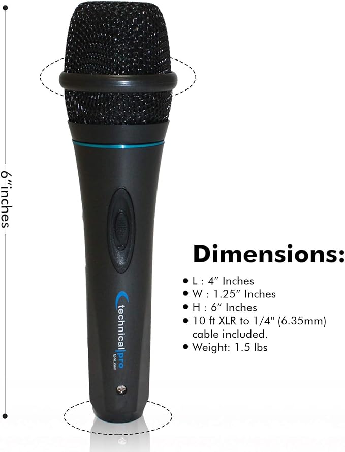 Technical Pro 8 Inch Portable 800 W Bluetooth Speaker w/Woofer & Tweeter and Portable Microphone w/Digital Processing Wired Mic Included, XLR to 1/4", Black Karaoke DJ Wired Microphone