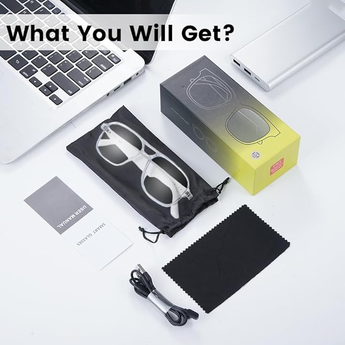 Smart Glasses for Women Men, Anti-Blue Light UV Protection, Voice Control Smart Glasses with Built-in Mic & Speakers, Smart Audio Eyewear for Gaming Meeting (White Frame)
