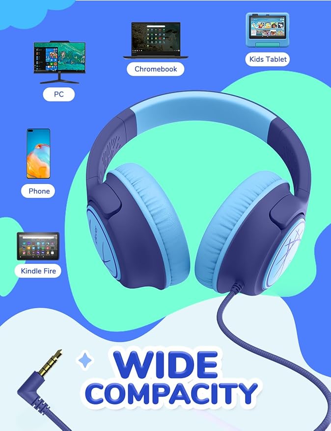 iClever HS26 Kids Headphones Cord, 85dBA Safe Volume Wired Headphones, Stereo Sound Foldable Adjustable, 3.5mm Jack, Over Ear Headphone for School/Boys/Girls/iPad(Dark Blue)