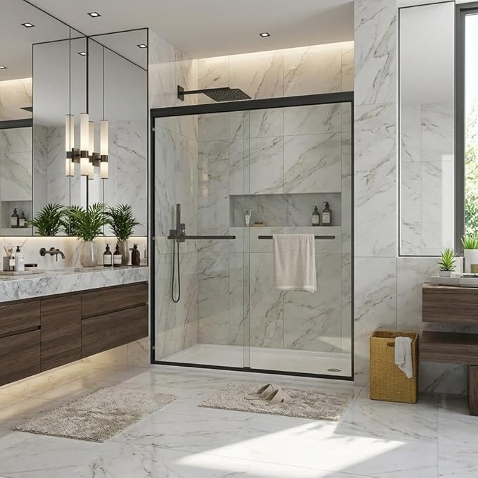 Shower Doors Glass Sliding 60 Inches, 56–60 inch W x 72 inch H Double Sliding Shower Doors, 8mmTempered Glass Sliding Shower Doors with Easy-Clean Coating, Smooth Rollers.Aluminum