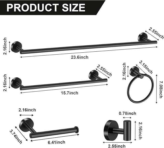 12 PCS Matte Black Round Towel Bar Set, Bathroom Towel Bar Set Include 24 inch,16 inch Towel Bar, Toilet Paper Holder, Towel Ring, Towel Hooks, Stainless Steel Bathroom Accessories Set