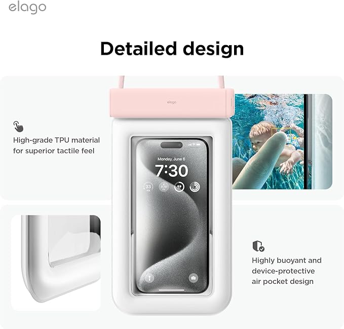 elago Waterproof Phone Pouch for iPhone 16/15/14/13/12/11 Series, Galaxy S25/S24/S23/S22/S21 Series - Underwater Screen Touchable Dry Bag, Dual Zipper Lock, with Card Pocket (Lovely Pink) [2 Pack]