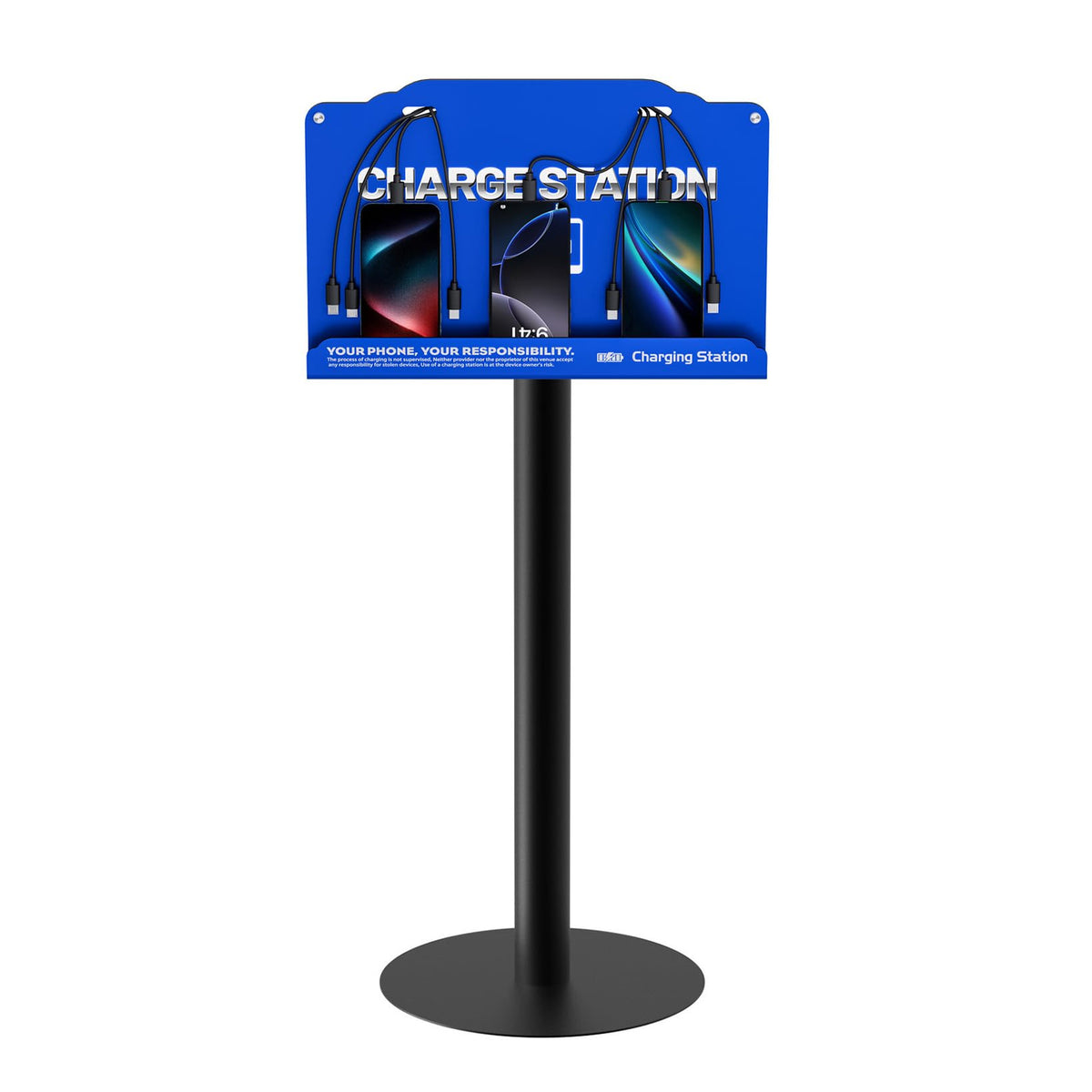 Floor Standing Cell Phone Charging Station with Fast Charigng Cables – 8 Device Charging Dock for Office, Hotel & Public Spaces | Compatible with iPhone ipad Smartphone Tablets Android Port (Blue)