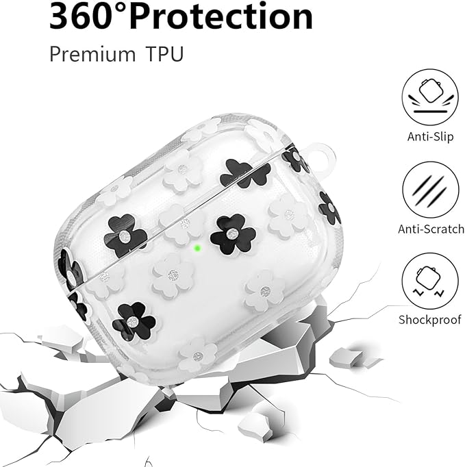 Compatible with AirPods Pro 2 Case Cover 2022, Soft TPU with Cute Flower Pattern for AirPods Pro 2nd/1st Generation Case with Flower Keychain and Carabiner for Girls Women (Black)
