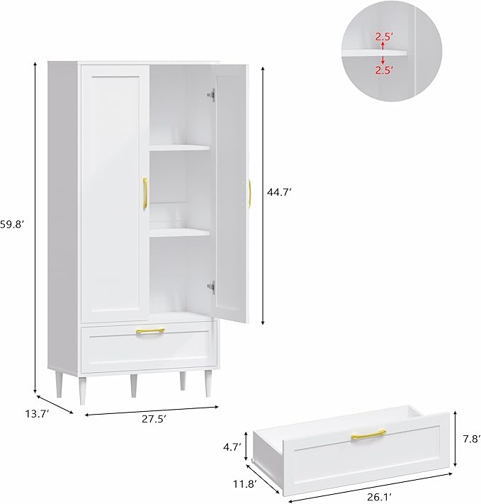 60" Tall Wooden Storage Cabinet with Adjustable Shelves, Large Capacity Freestanding Pantry Cabinet for Living Room, Kitchen, and Dining Room,White