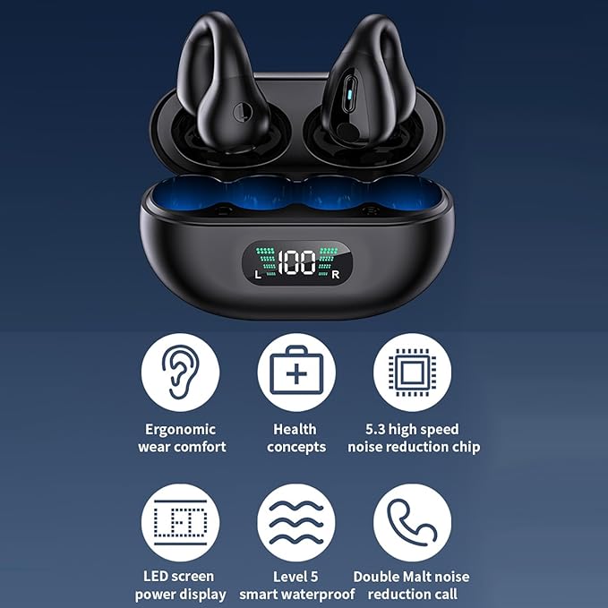 Open-Ear Wireless Headphones Bluetooth Clip On Mini Earbuds Charging Case Ear Buds Sports Bone Conduction Headphones Earphones for TV Phone Laptop Music (Black)