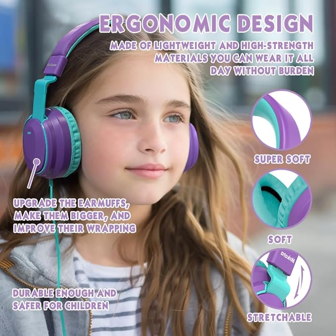Headphone Kids Volume Limited 85/94dB Wired Over-Ear/On-Earr Foldable Headset with Inline Cable Aux 3.5mm Cord Mic for Toddler Boy Girl Child Back to School Study Pad Tablet Blue