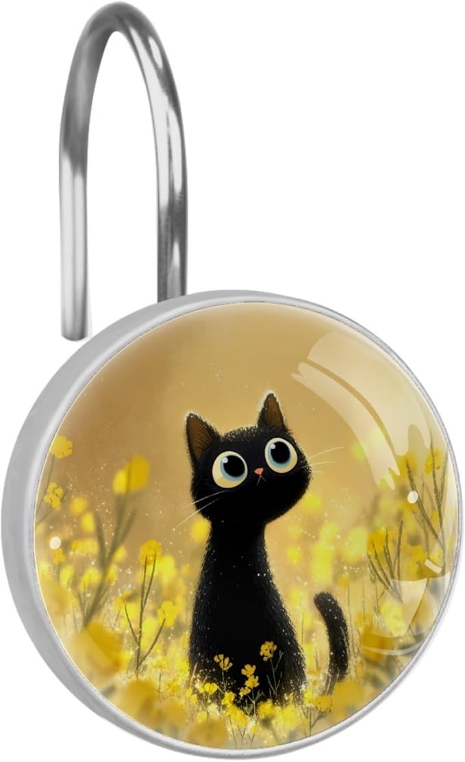 12 Packs Cute Cat in the Flowers Shower Curtain Hooks, Stainless Steel Glass Shower Curtain Rings for Bathroom Decor, Metal Rustproof Curtain Rod Hooks