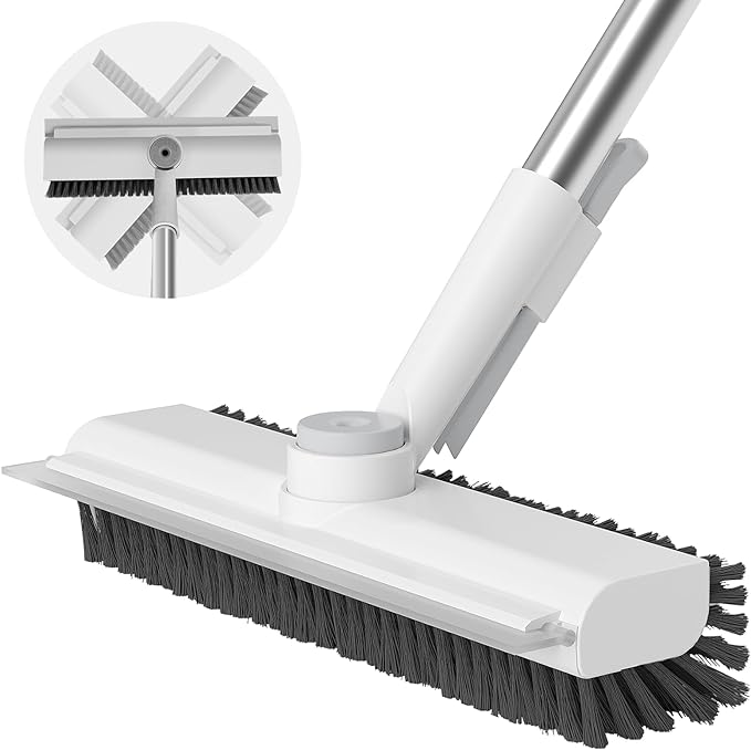 Floor Scrub Brush with Long Handle, 3 in 1 Scrape and Heavy-Duty Stiff Bristle Scrubber Brush for Cleaning Shower Bathroom, Patio, Garage, Kitchen, Wall and Deck (White, 1 Pack)