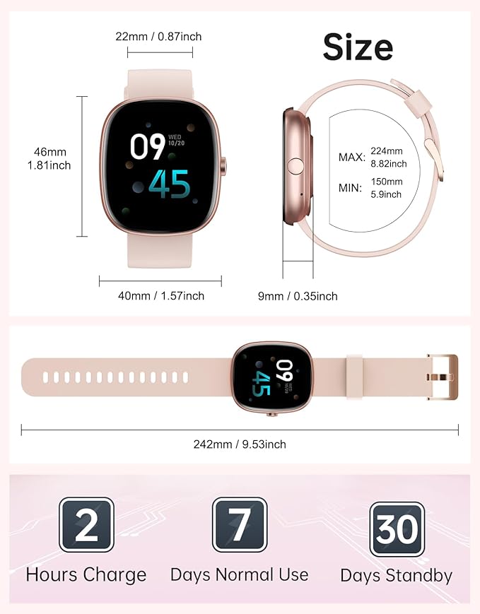 HUAKUA Smart Watches for Women Compatible with iPhone/Android Phones Answer/Make Calls, 1,85" HD Fitness Tracker with Heart Rate/Sleep Monitor Pedometer for Walking Running, Waterproof, Pink