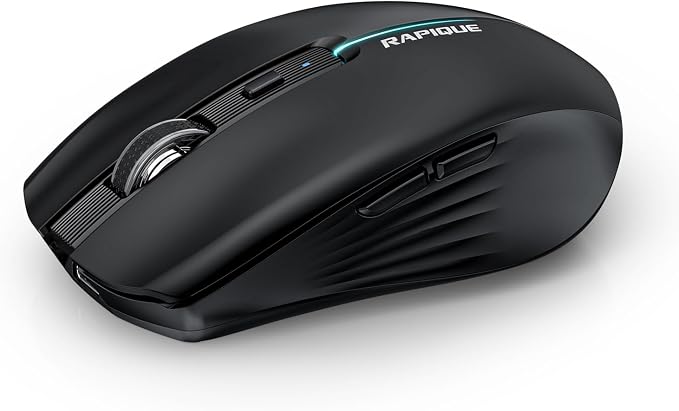 RAPIQUE Bluetooth Wireless Mouse - (BT1/BT2+USB) Tri-Mode High Performance, Rechargeable, Quiet Click, Multi-Device Compatibility for Laptop, Computer, MacBook, Tablet, PC (Black)