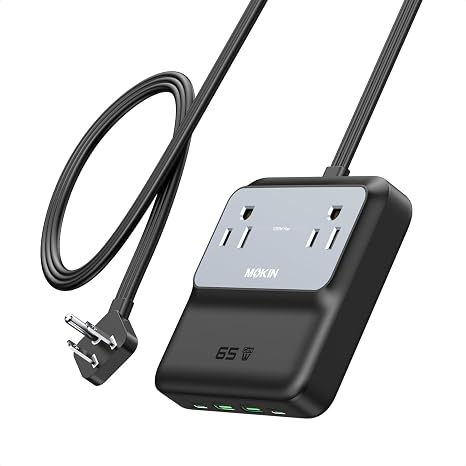 65W Max Travel Power Strip, 5ft Extension Cord USB C Charging Station