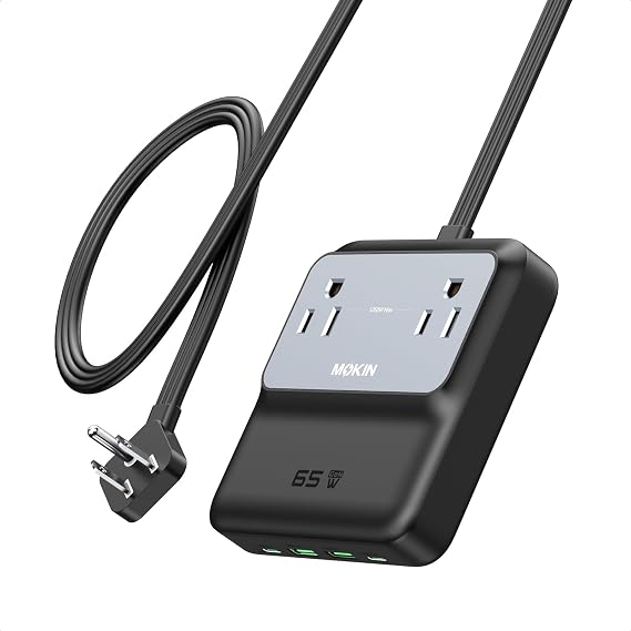 65W Max Travel Power Strip, 5ft Extension Cord USB C Charging Station