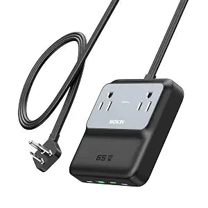 65W Max Travel Power Strip, 5ft Extension Cord USB C Charging Station