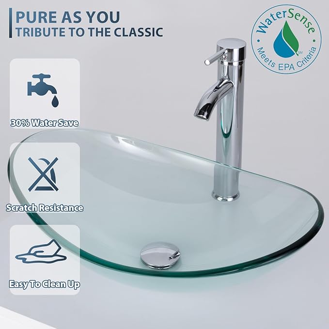 eclife 84" Modern Bathroom Vanity Sink Combo Freestanding Cabinet with Small Side Cabinet, Clear Boat Glass Vessel Sink, Water Save Faucet, Drain (Gray+A29TT)