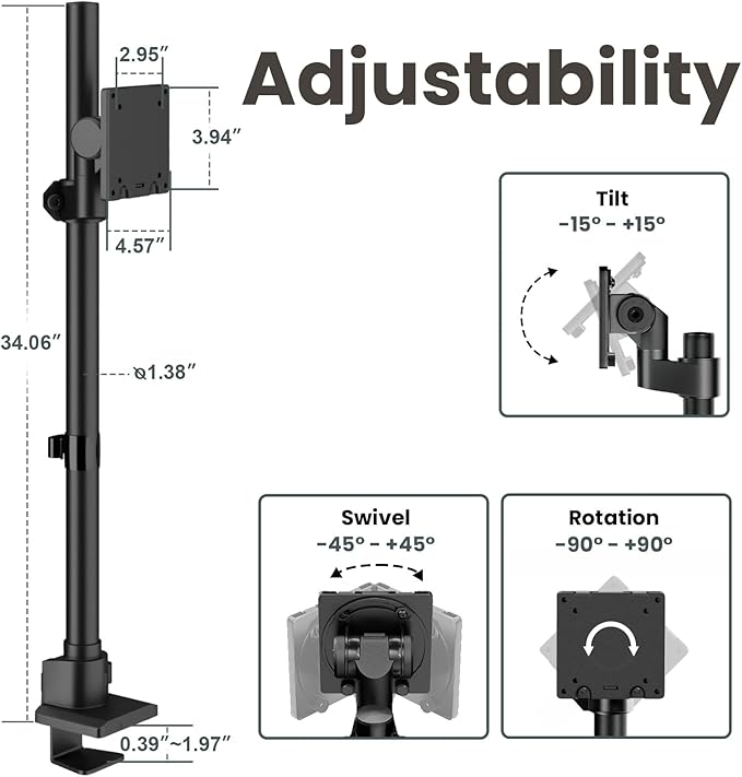 Heavy Duty Monitor-Arm Ultrawide for 24-57’’ - Extra Tall Aluminum Single Monitor Mount Holds up to 59.4 lbs, Adjustable Desk Mount Stand, VESA 75/100/200 mm, Black