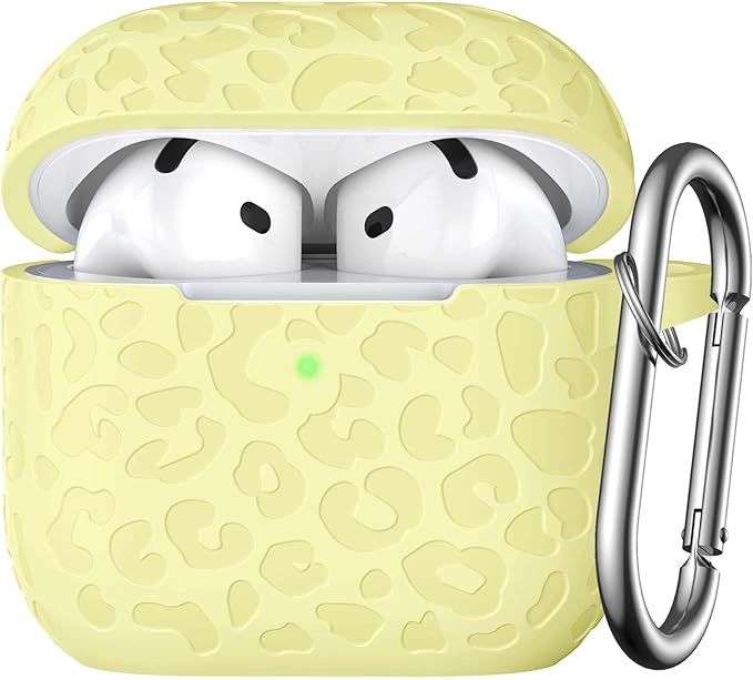 Leopard Engraved for AirPods 4 Case Cover 2024,Soft Silicone Protective Case Compatible with Apple AirPods 4th Generation Case for Women,Cute AirPod 4 Case Accessories with Keychain,Yellow